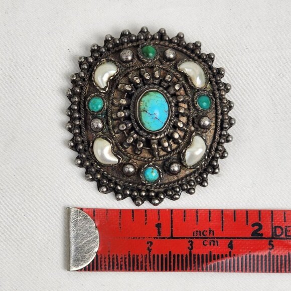 Antique 935 Silver Turquoise Pearl Brooch Pendant Natural Patina Coastal Cowgirl - Picture 5 of 9